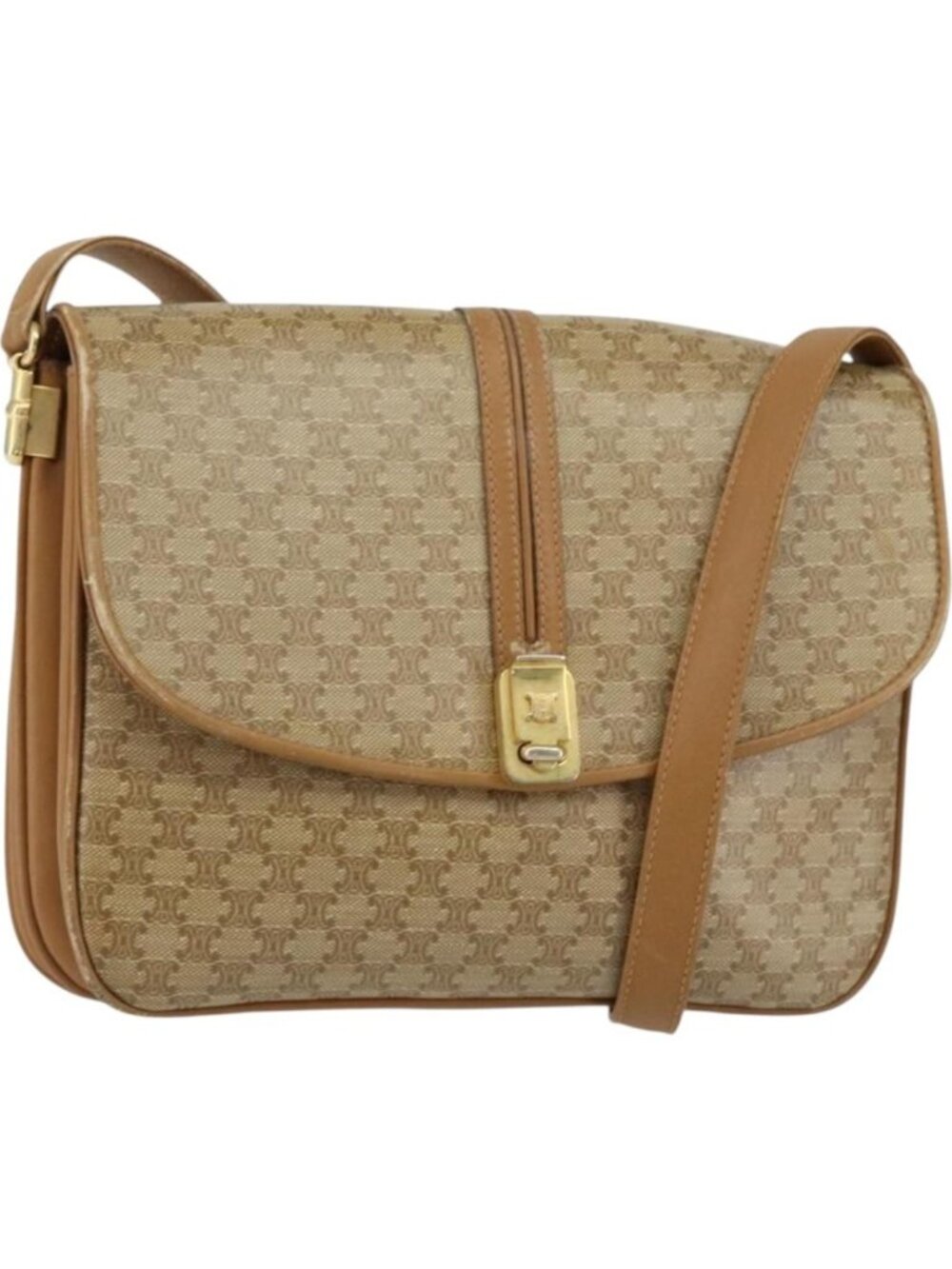 CELINE Macadam Canvas Shoulder Bag PVC Leather Beige Gold